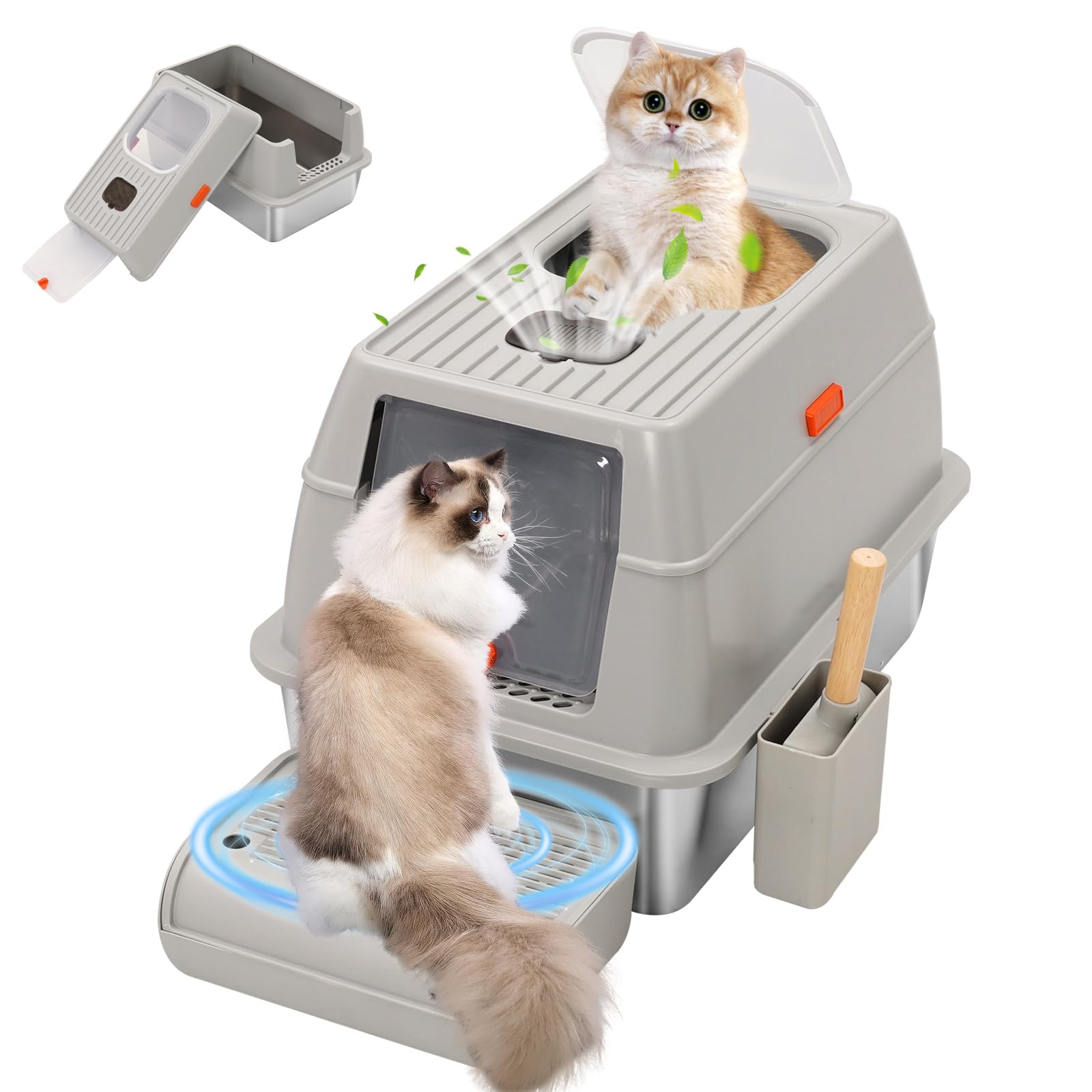 Lettiera Gatto Chiusa con pala e pedali,Lettiera Toilette per Gatti Chiusa,Grande Capacità,mit Doppeltem Eingang für Katzen aller Größen,Grigio