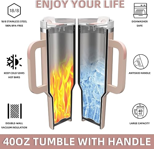 Miniatura 3 de MURRICON Vaso de 40 onzas con asa y popote, vaso reutilizable con tapa, aislamiento al vacío de acero inoxidable, para café y bebidas (cuarzo rosa)