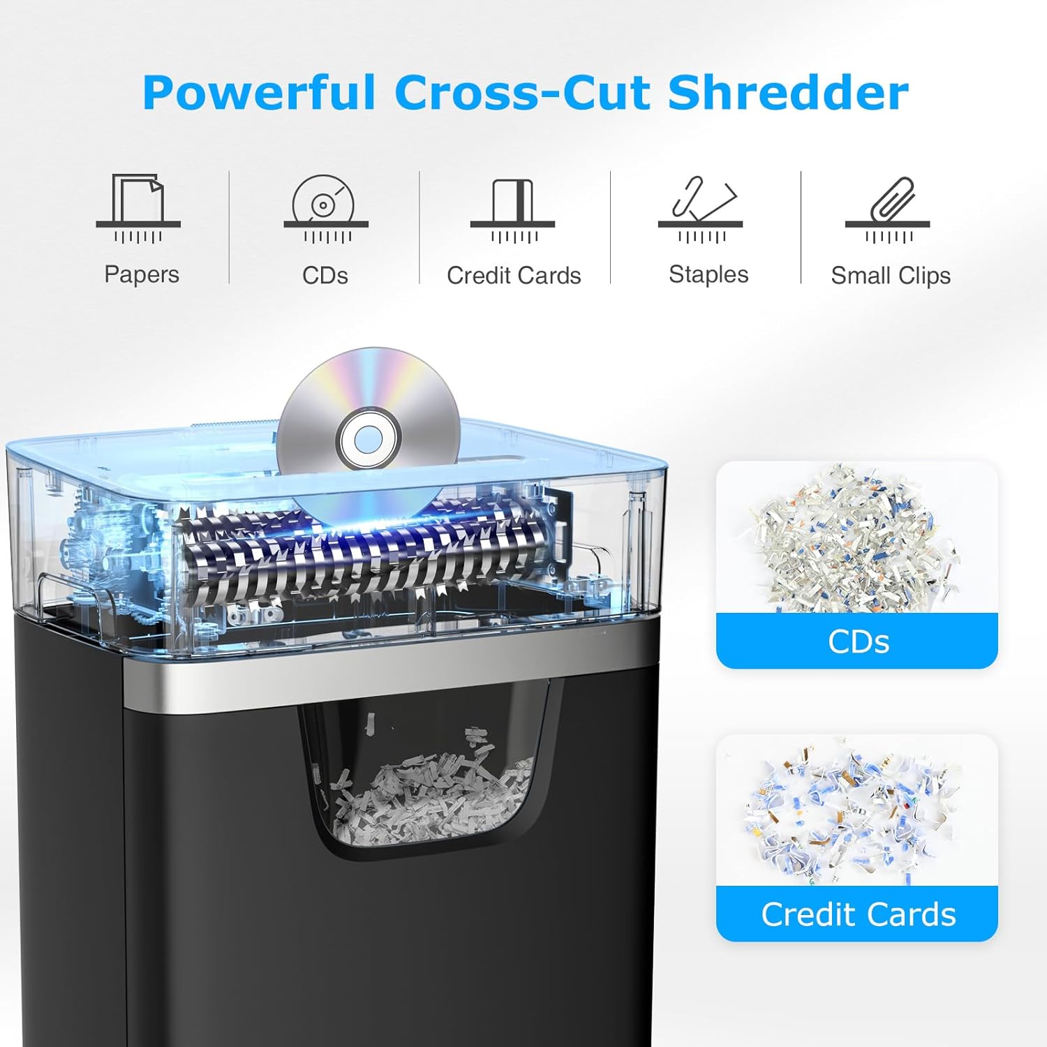 BONSEN shredder capable of shredding papers, CDs, credit cards, staples, and small clips