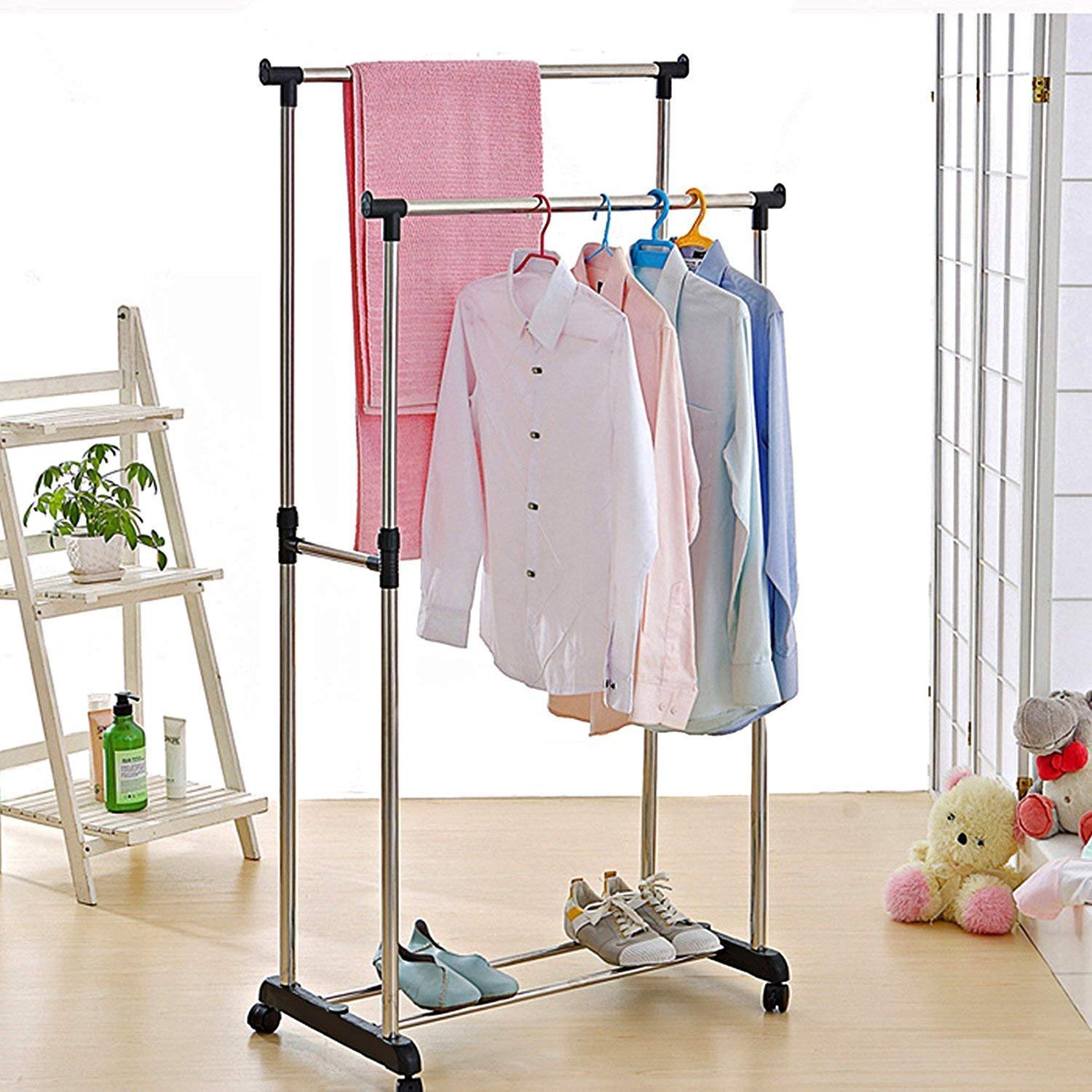 Jet Roy Heavy Duty Clothes Drying Rack, Double Pole Rail Rod Adjustable Outdoor Indoor Garment Rack Commercial Grade Adjustable Clothing Rack Supreme Rolling Rack Steel