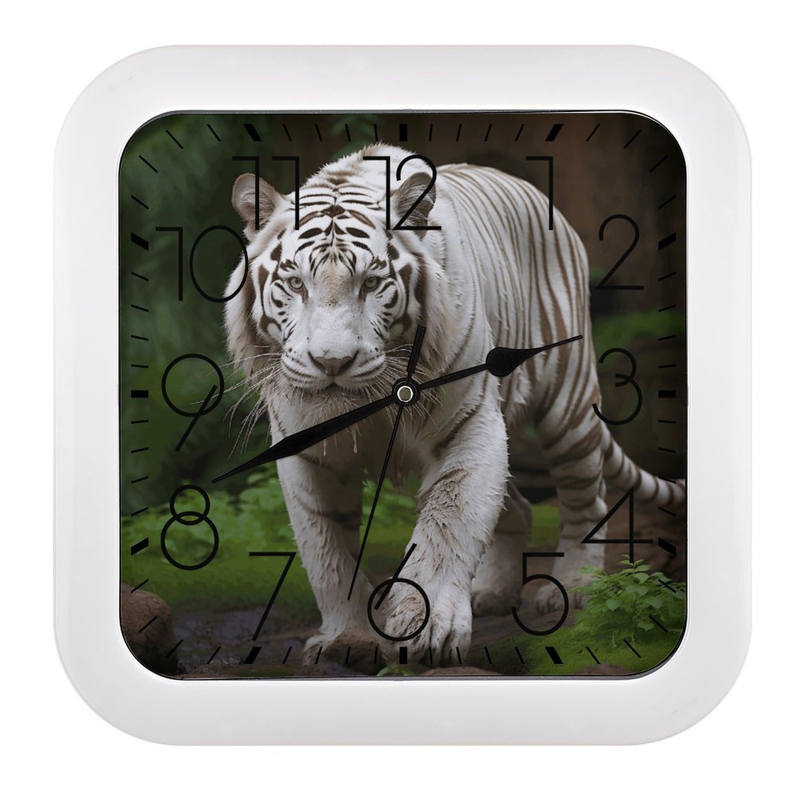 LZQPOEAS Majestic White Bengal Tiger Square Wall Clock, 10.2 Inch Battery Operated Silent Non-Ticking Wall Clock, Square Analog Decorative Clock for Home Wall Art, Living Room, Bedroom, and Office
