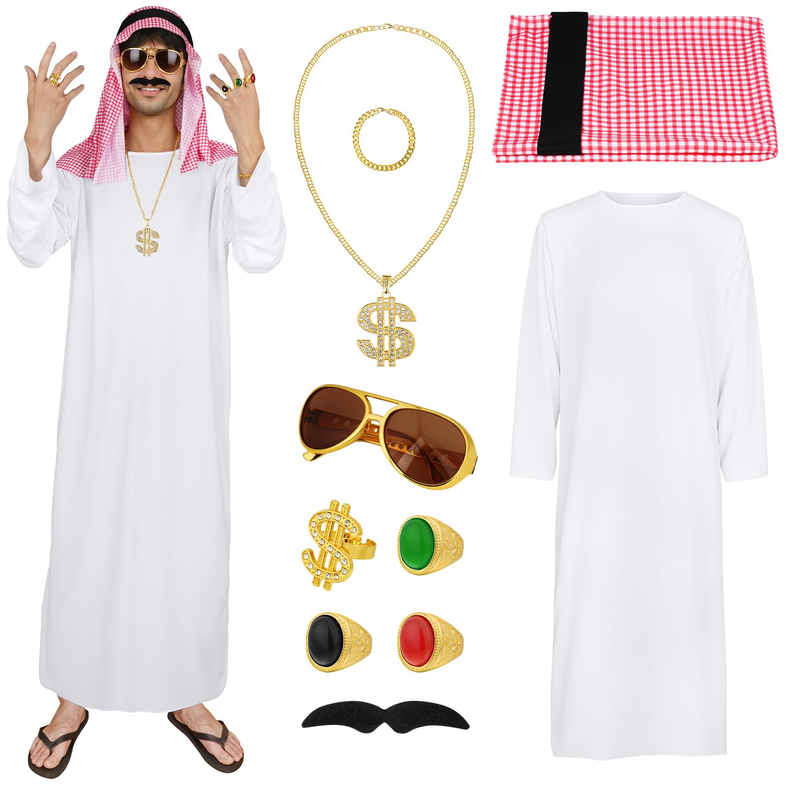 BSBUY Kostüm Arabischer Scheich Set Scheich Kostüm Herren mit Weißes Arabisches Gewand kariertes Kopftuch Brille und Bart Sheikh Araber Kostüm Cosplay Outfits Faschingskostüme Scheich Arabo Costume