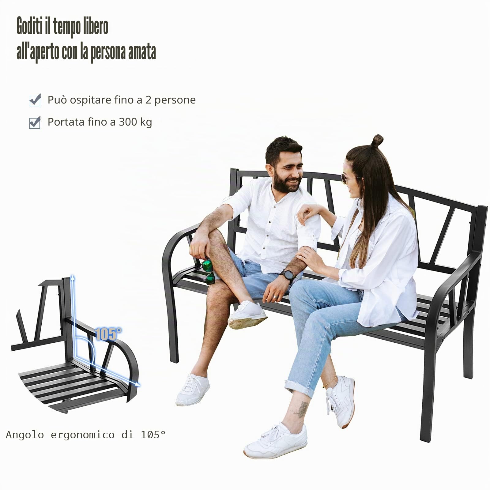 KOMFOTTEU Panca da giardino a 2 posti, metallo, carico 300 kg, 01, 128 x 55,5 x 86 cm | Panca da parco con schienale, Sedia da parco, per balcone, terrazza, nero