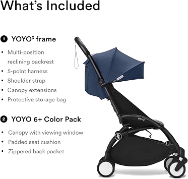 عربة Stokke YOYO3 من 6 أشهر - تتضمن الإطار الأسود/وسادة المقعد الأزرق من Air France + مظلة - قابلة للطي للداخل والخارج في فلاش - خفيف ومدمج - متوافق مع الحمل