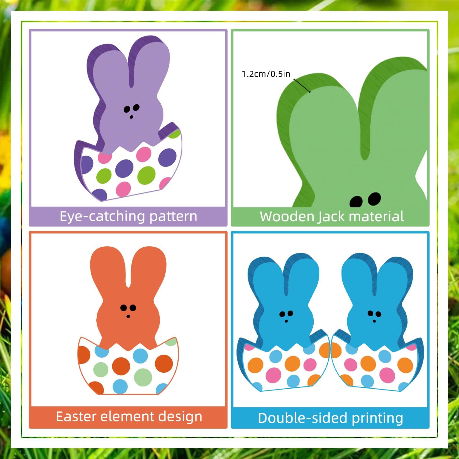6pcs Easter Decorations for Home Wood Table Decorations 2.7x3.9inch Cute Double-sided Easter Bunny Egg Centerpieces for Tables Blue Multicolor Spring Wood Tiered Tray Decor