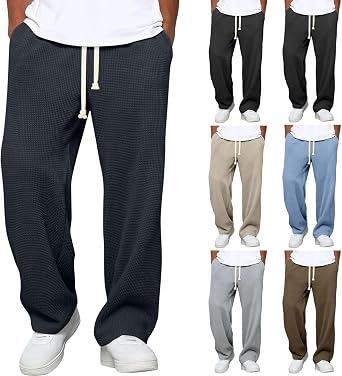 Baggy Sweatpants for Men - Waffle Knit Elastic Waist Drawstring Wide Leg Pant Loose Comfy Workout Jogger Pants