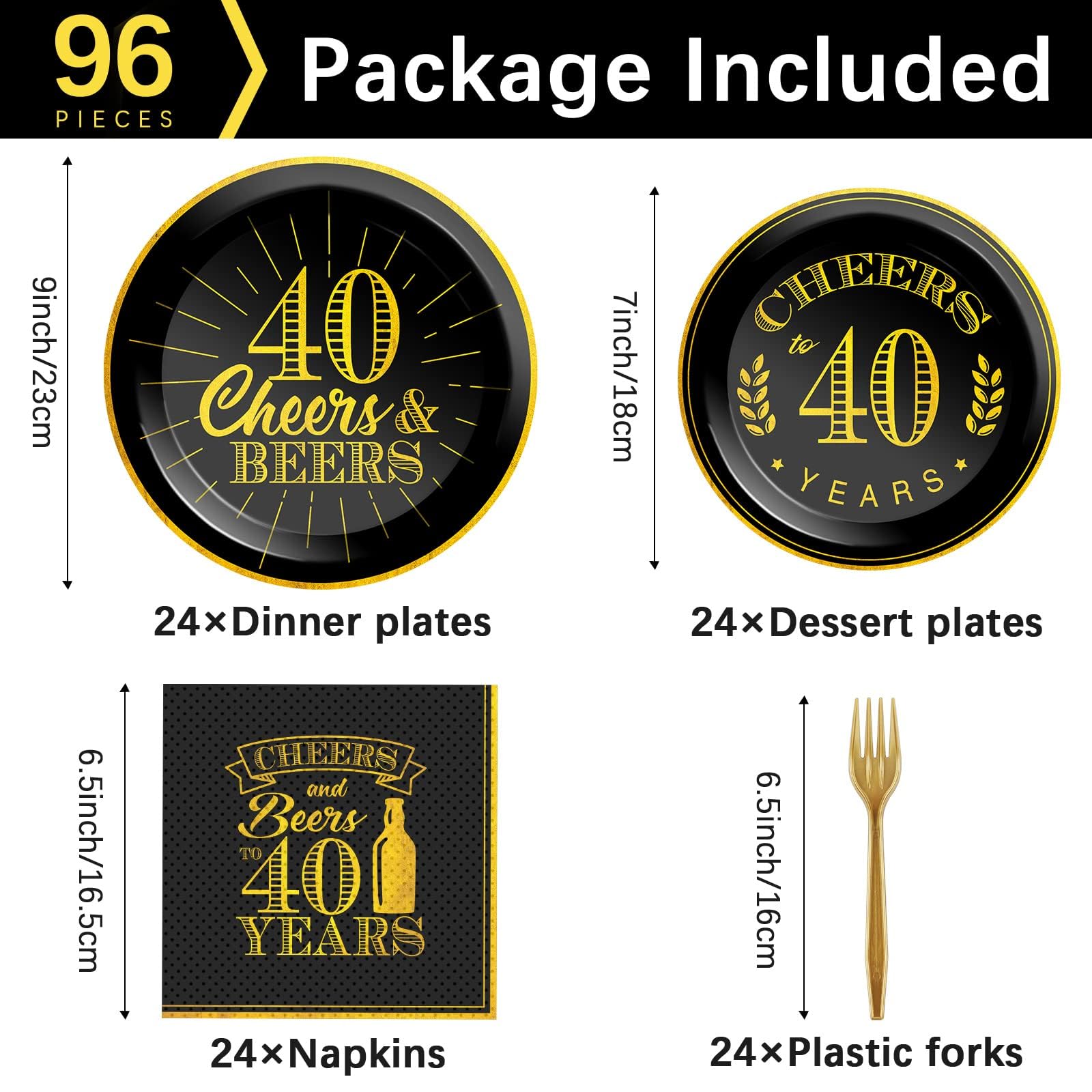 96 Pcs Cheers 40th Birthday Plates and Napkins Party Supplies Cheers to 40 Years Tableware Set 40th Party Birthday Decorations Favors for Men Women Serves 24