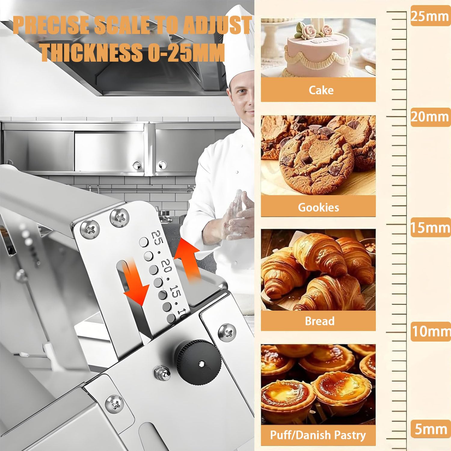 Ręczna wałkarka do ciasta, komercyjna wałkarka do ciasta, stal nierdzewna, łatwa do czyszczenia, regulowana grubość 0-25 mm, do pizzy, croissantów i ciast Type400