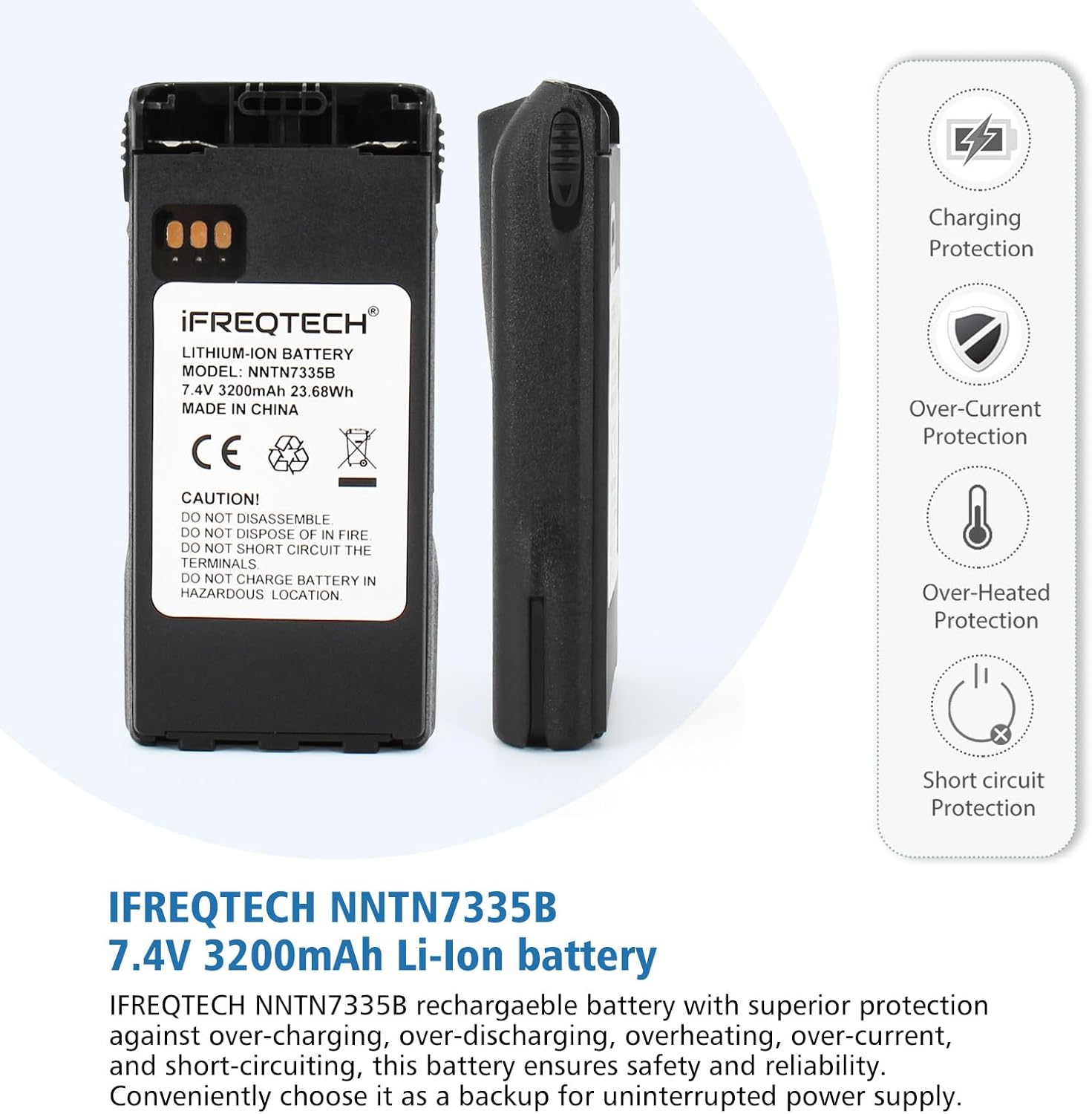 NNTN7335B 7.4V 3200mAh Li-ion Battery Compatible for Radio XTS2500 XTS1500 XTS2250 XTS2000 XTS1000 MT1500 PR1500 Replacement NTN9815 NTN9858 NTN9857C NTN9857B Battery with Belt Clip