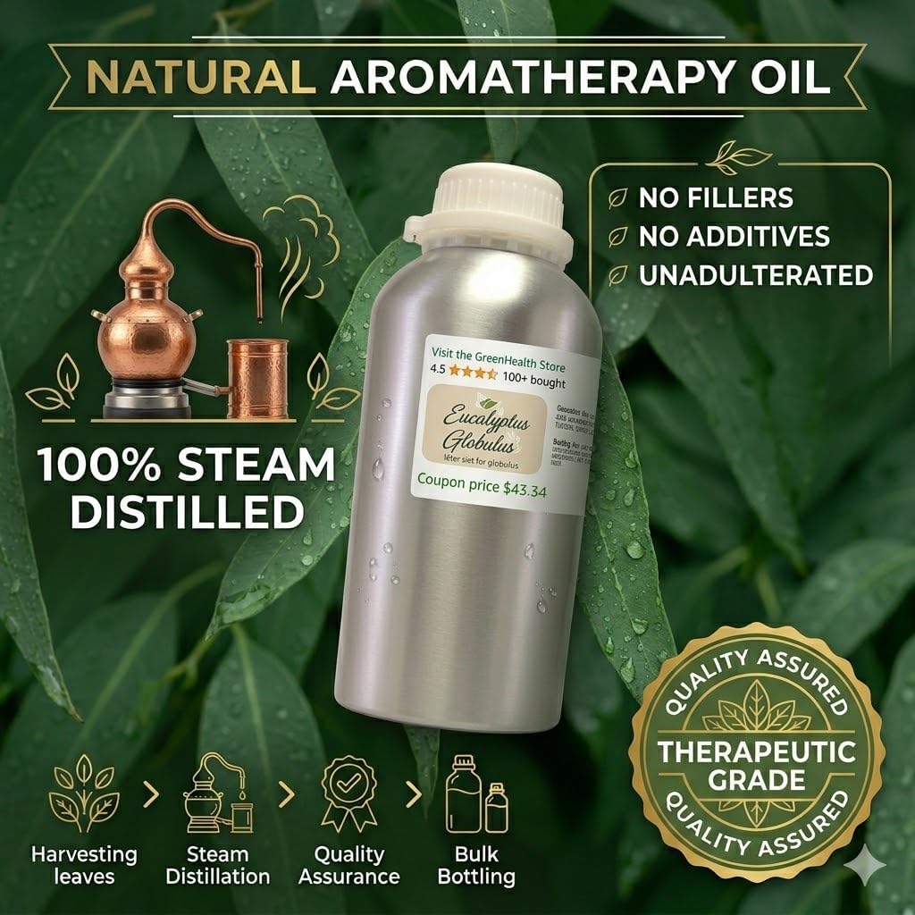 GreenHealth Eucalyptus Essential Oil – 32 fl oz (946 ml) – 100% Pure & Natural – Bulk Aromatherapy Oil in Aluminum Bottle – for Diffuser, Cleaning, Air Freshener, Home Fragrance