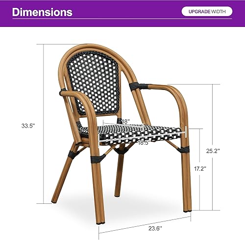 Miniatura 3 de PURPLE LEAF Juego de 2 sillas francesas de mimbre de aluminio, mimbre tejido a mano, sillas de comedor al aire libre para patio, cocina, jardín,