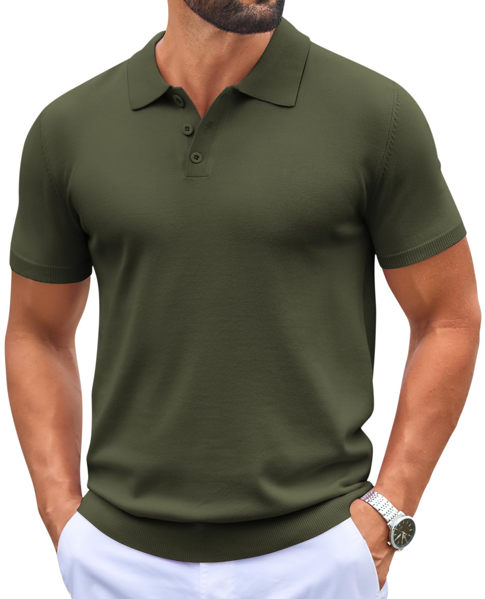 Mens Knit Polo Shirts Casual Short Sleeve Button Down Polo Shirt