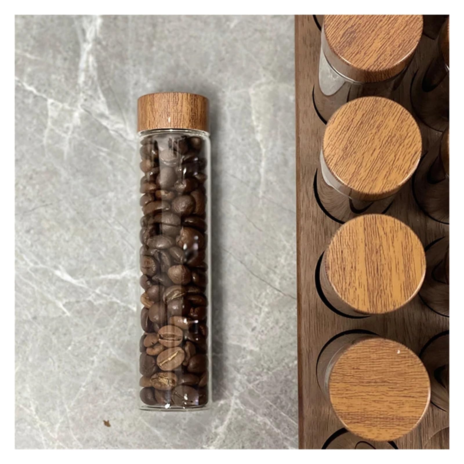 Tubo per chicchi di caffe, contenitore in vetro con imbuto KH-001 | Tubo monodose da 17g o 22g, base in noce, set in due pezzi, 6 o 12 fori(6 holes 17g Beech)