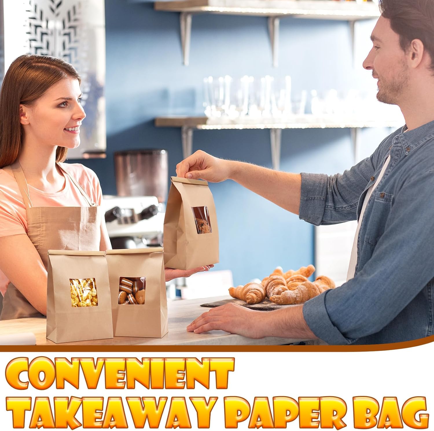 Qilery 200 Pcs Bakery Bags with Window Paper Cookies Bags Kraft with Tin Tie Lock 5.9 x 2.8 x 9.2 Inches Greaseproof for Cookies Coffee Beans Snacks Bread and Candy