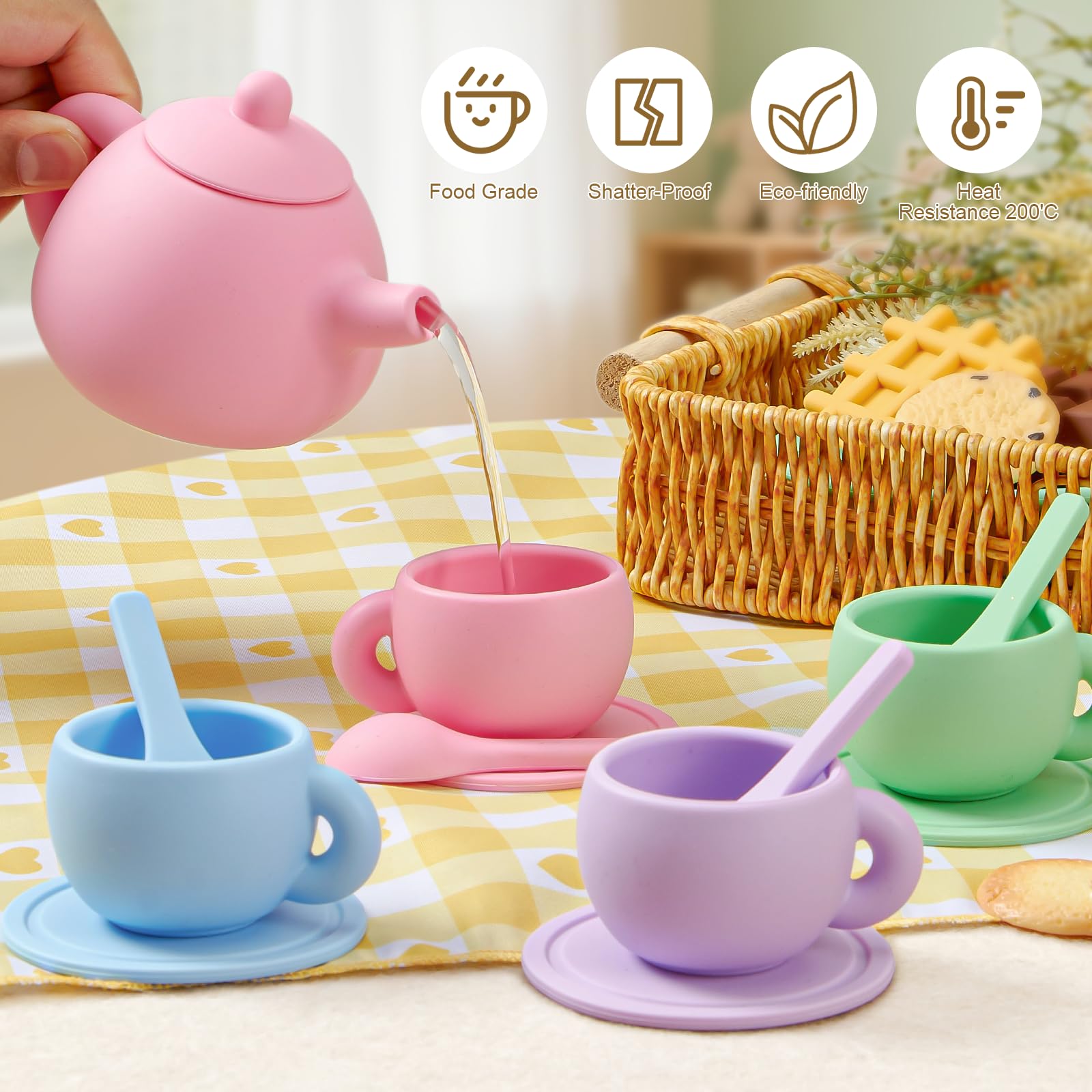 G.C Silikon Teeservice Kinder Spielzeug Kinderküche Zubehör mit Teekanne, Tassen, Teller, Löffel, Süßen Desserts, Teeparty Rollenspiele, Küchenspiele, Geschenke für Mädchen Jungen 3 4 5 6 7+ Jahre