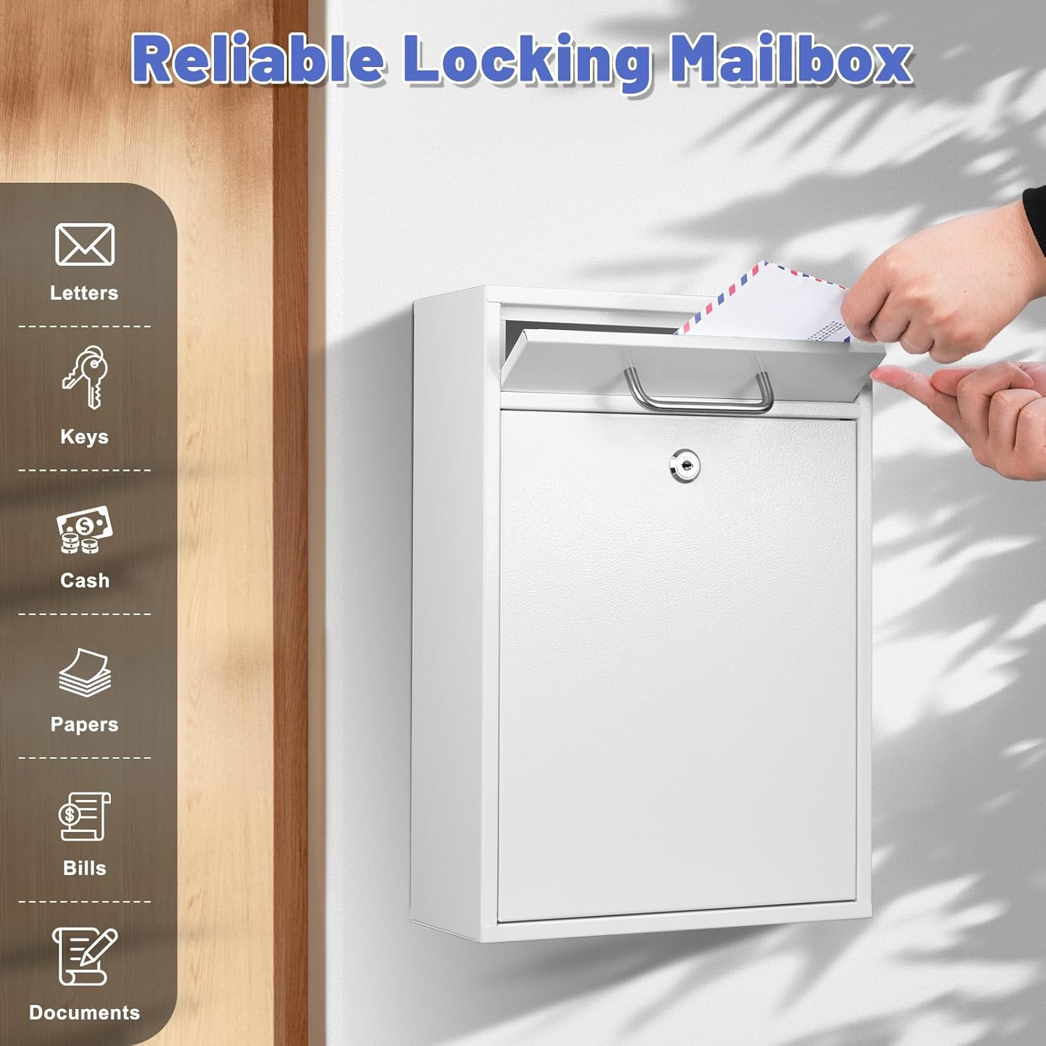 KYODOLED Steel Key Lock Mail Boxes Outdoor, Locking Wall Mount Mailbox, Security Lock Drop Box, Collection Boxes for House, Office or School,16.2H x 11.2L x 4.6W Inches, White X Large