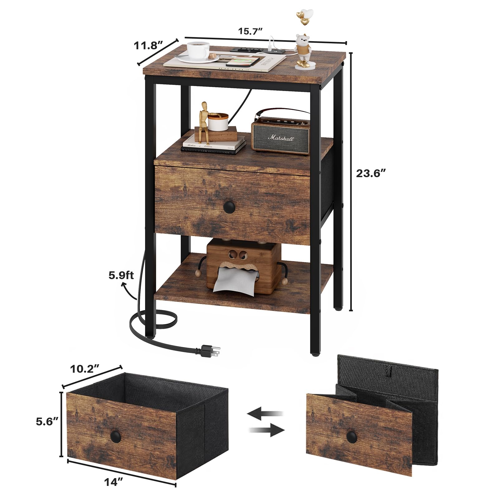 GGWEW Nightstand with Charging Station, Small Nightstand with Fabric Drawer and Storage Shelf, 3-Tier Side Table with 2 USB Ports and 2 Outlets, Night Stand for Living Room, Bedroom, Vintage Brown