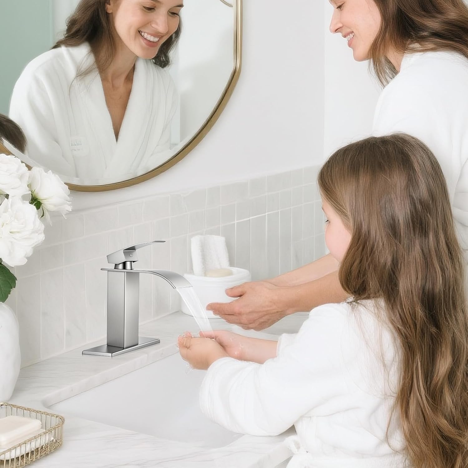 Brushed Nickel Bathroom Faucets, Waterfall Bathroom Sink Faucet Single Handle Bathroom Faucet for 1 or 3 Hole, Mixer Tap Vanity Faucet with Deck Plate, Pop-up Drain and Supply Hoses