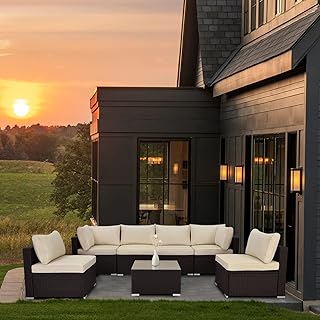 ESSENTIAL LOUNGER 7 Pieces Outdoor Patio Furniture Set, Patio Conversation Set All Weather Sectional Sofa Set PE Rattan Wi...