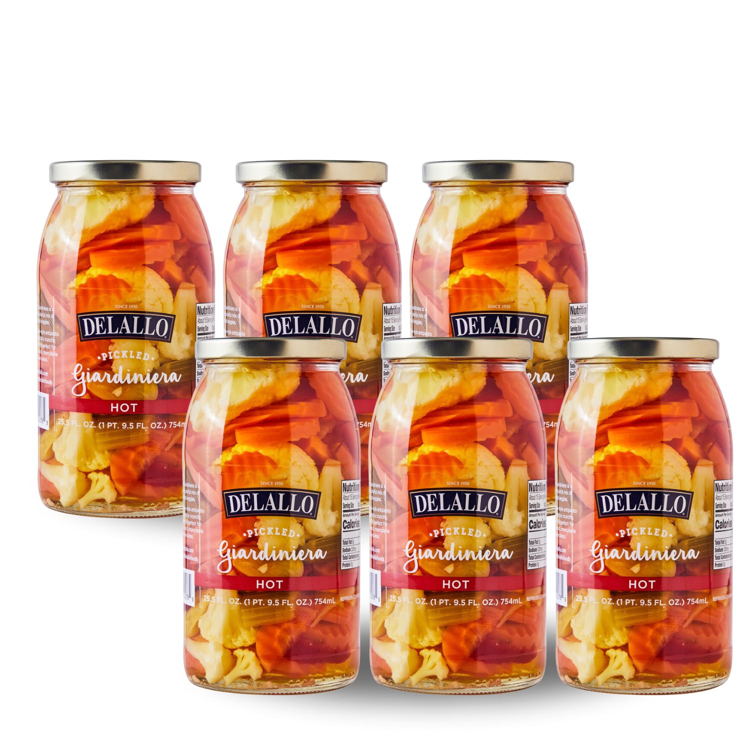 DeLallo Hot Giardiniera, 25.5 Ounce Jar, (6 Pack), Spicy Hot Mixed Vegetable Condiment for Sandwiches and Burgers, 100% Cured, Gluten Free, Non-GMO, Grown in Greece
