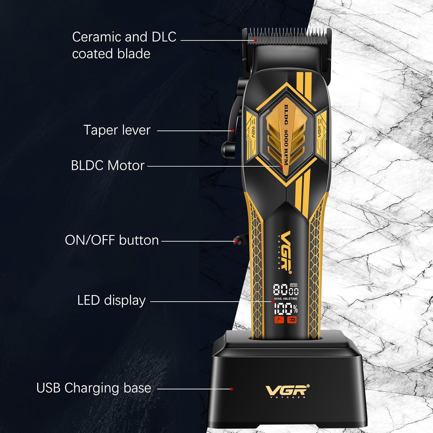 VGR 119 Professional Cordless Hair Clippers for Men, Rechargeable Barber Clippers with Base, Lithium-ion Battery Hair Cutting Machine with BLDC Motor and Ceramic Blades for Home and Barber, Gold - Image 5