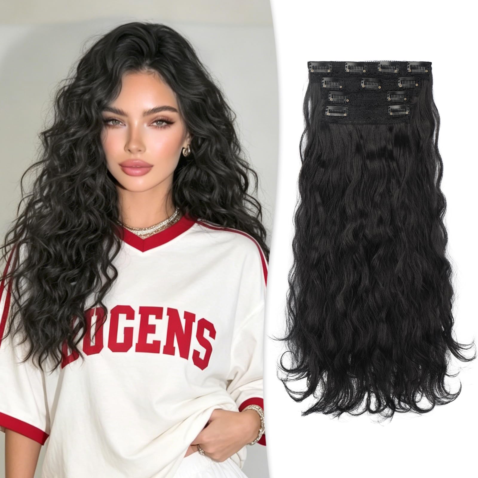 RUWISS Extension Capelli Clip, 4PCs Extension Capelli Ricci Ondulati 45 cm Lunga Sintetici Clip Extension Posticci Hair Extension per Donna (Nero Naturale)