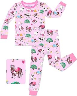 babee Reshinee Bamboo Viscose Toddler Girls Kids Pajamas Pony Farm Pjs Long Sleeve Snug fit 2-3T 2pcs Soft Jammies