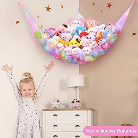Unicorn Castle Stuffed Animals Net Hammock Kids Toy Storage with LED Light Plush Toy Organizer Corner Hanging Stuffed Animals Holder For Nursery Kids Girls Room Decor