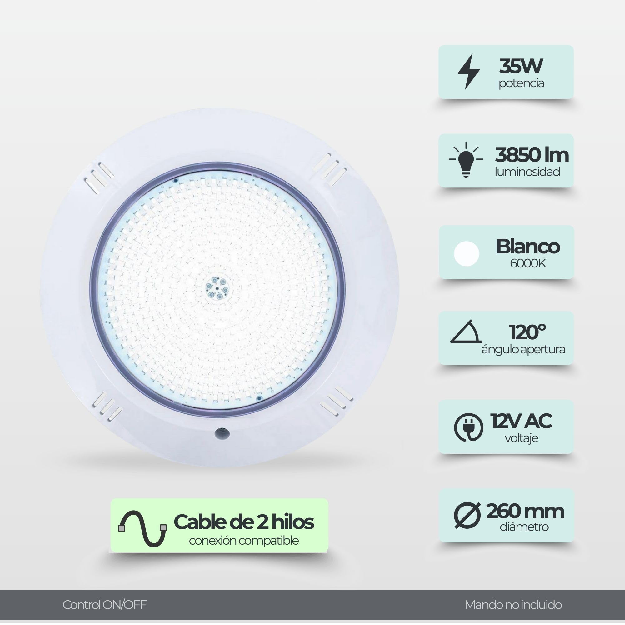 SWIMHOME Foco LED Piscina de Superficie 35W 12V AC, Relleno de Resina, Blanco Frío 6000K, Ø26 cm