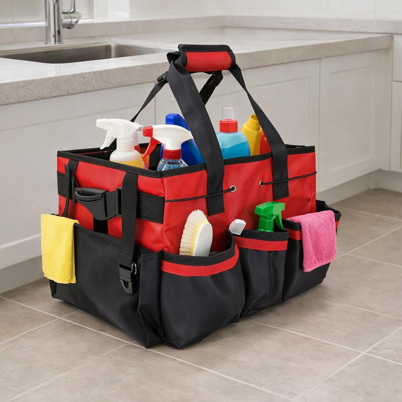 Reinigungstasche Organizer Arbeitsbeutel Tragetasche Werkzeughalter Polyester für Reinigung Haushalt Küche Bad Innenraum Garten, Rot