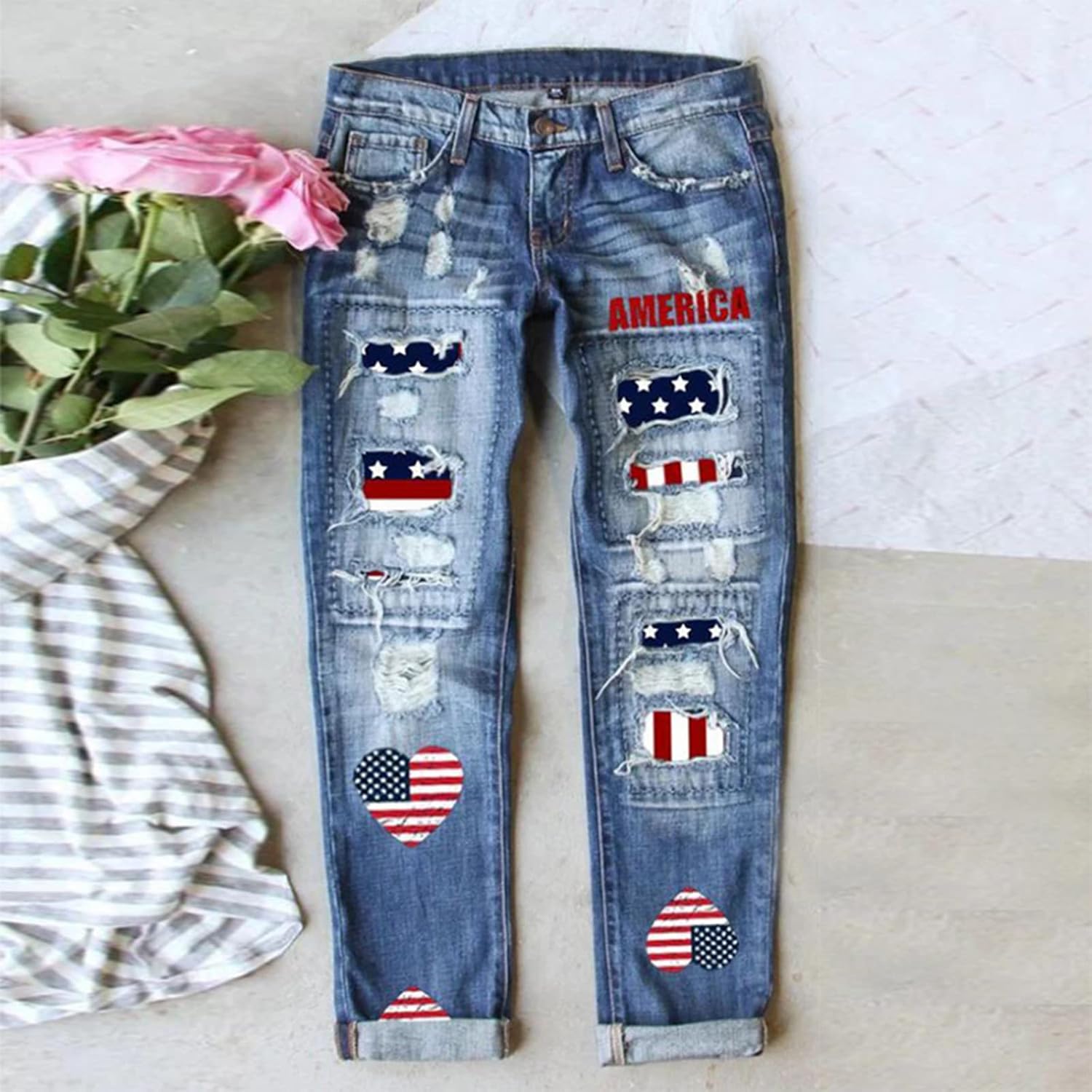 Womens Boyfriend Jeans Stretchy Ripped Distressed Heart American Flag Denim Pants - Image 2