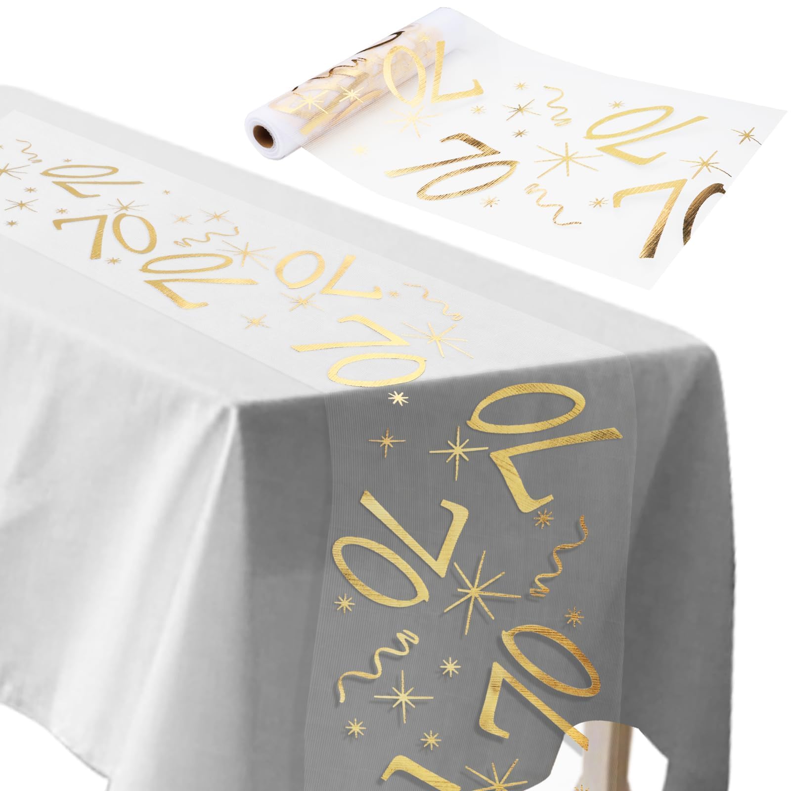 ddckj Tischläufer 70 Geburtstag 28 cm x 10 m Tischdeko Geburtstag Zuschneidbar Tischläufer Gold Männer und Frauen für Geburtstagsparty Jubiläumsfeier