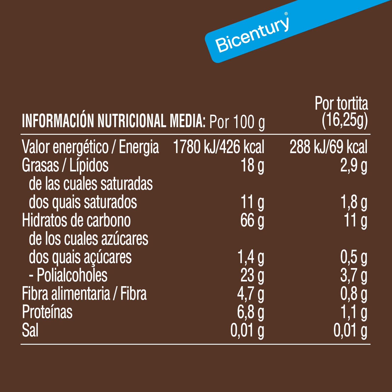 Bicentury - Tortita de arroz integral con chocolate negro sin azúcars añadidos (14 unidades)