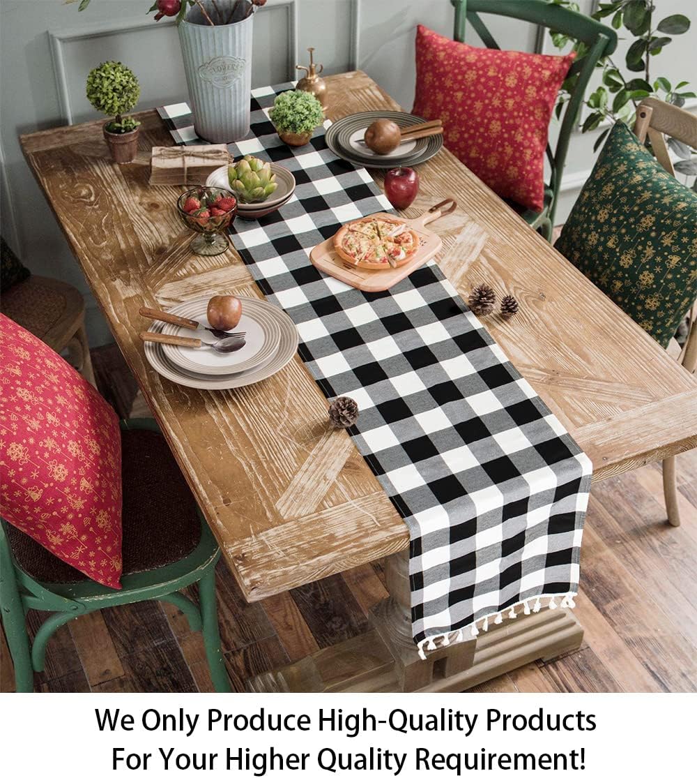 Buffalo Plaid Table Runner Black and White 13''x72'' Buffalo Check Table Runner Tassel Runner Checkered Table Cover Classic Gingham Tabletop Farmhouse Table Runner for Christmas Gatherings