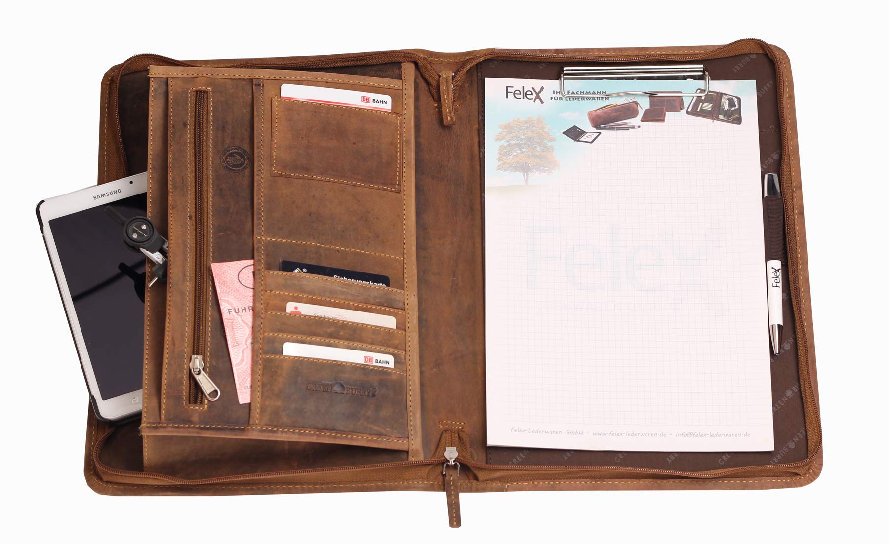 Greenburry Leder-Schreibmappe DIN A4 - Vintage Konferenzmappe mit Reißverschluss – A4 Schreibmappe aus Leder - hochwertige Vertretermappe aus Leder - 36 x 26,5 x 3 cm