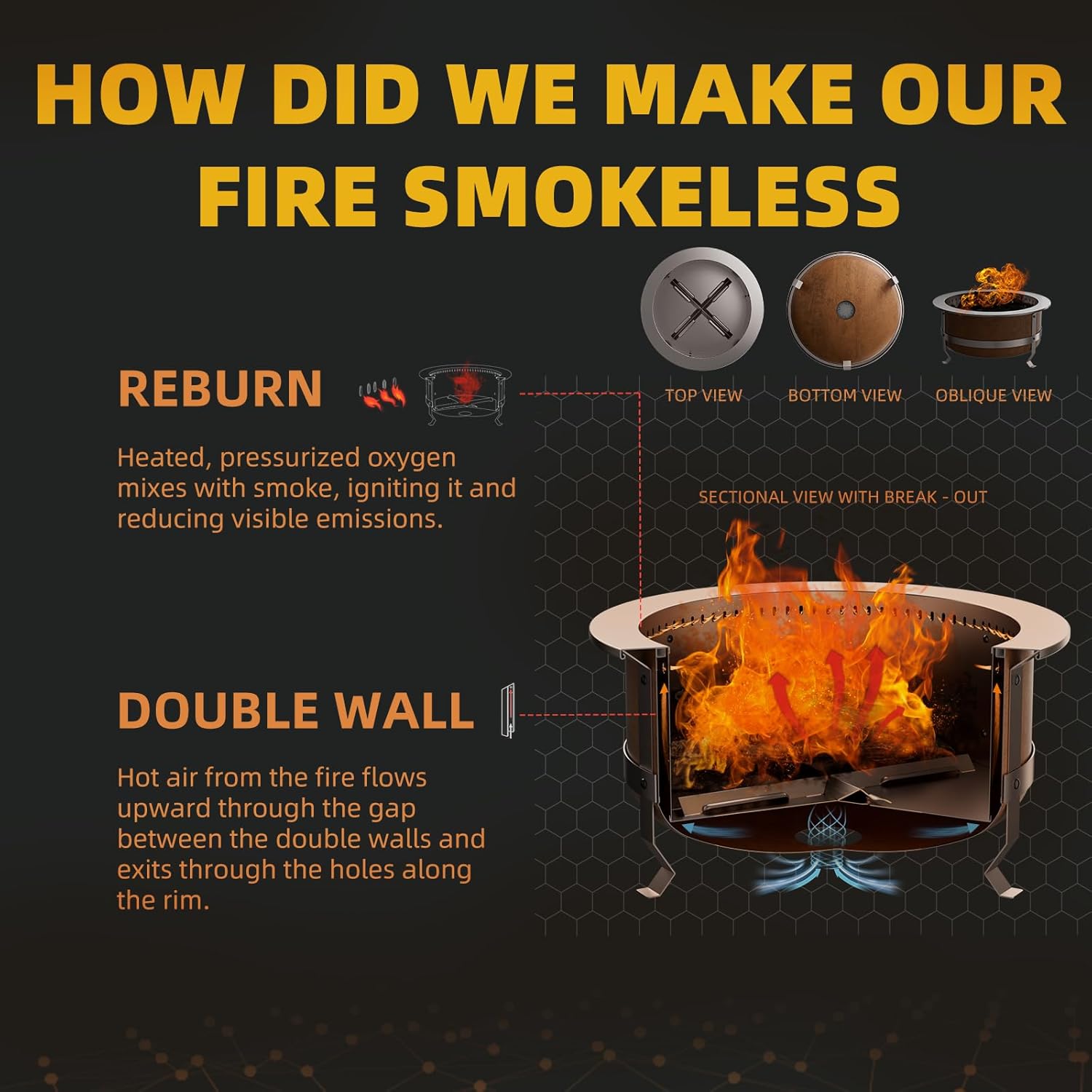 27 Inch Smokeless Fire Pit, Outdoor Wood Burning BBQ Grill Firepit Bowl with replicates the Natural Signs of Aging
