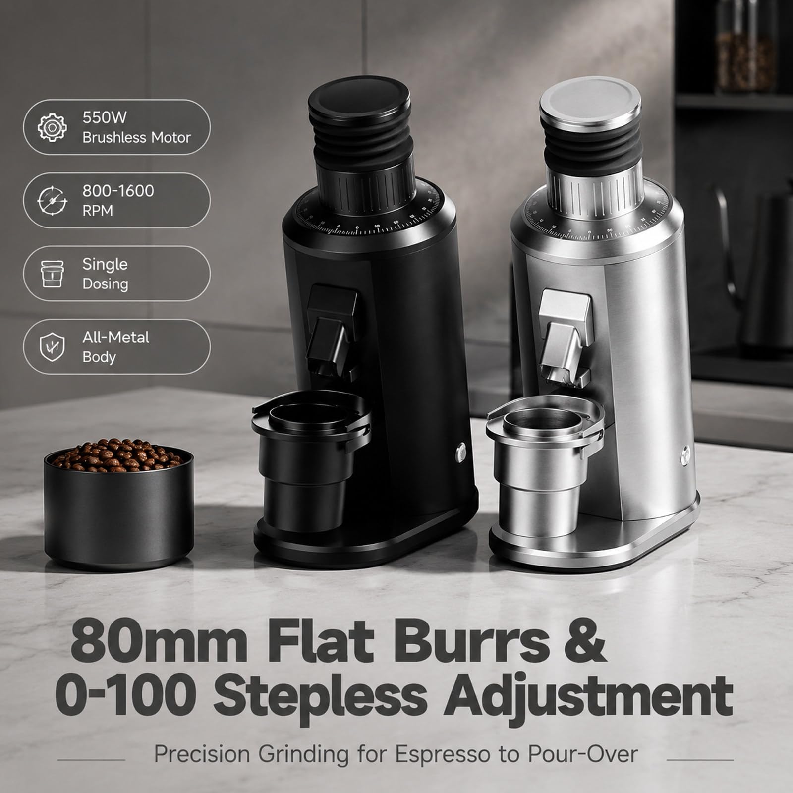 Młynek burr single dose elektryczny espresso – 80mm płaskie żarna, mikroregulacja, niska retencja, szybkie czyszczenie, metal, French press & dom Silver