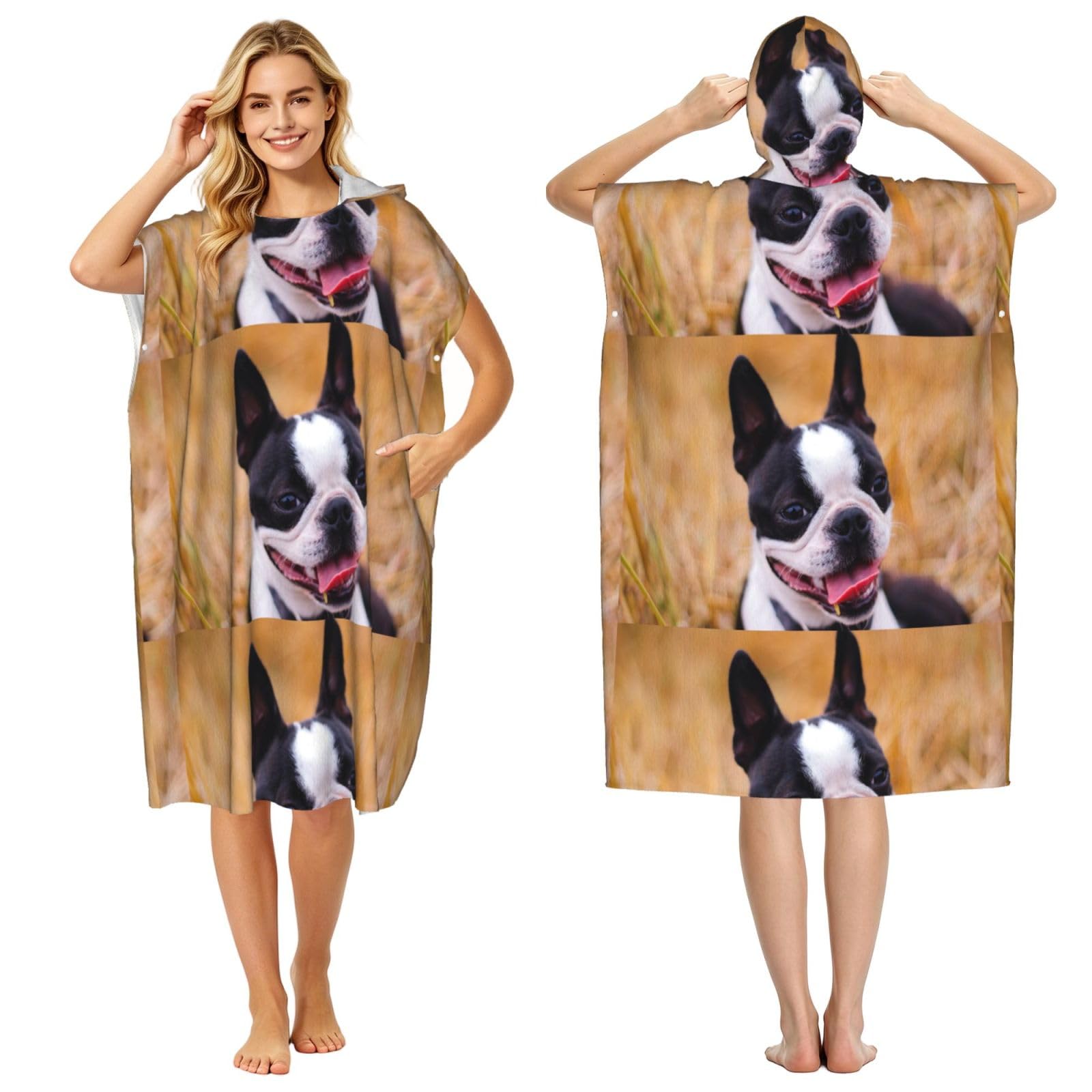 Poadnly Boston Terrier Bokeh Dogs Pets Boston Terrier, Adult Hooded Beach Towel 90 x 110 cm,Changing Bath Robe, Surf Poncho Towel For Women Men