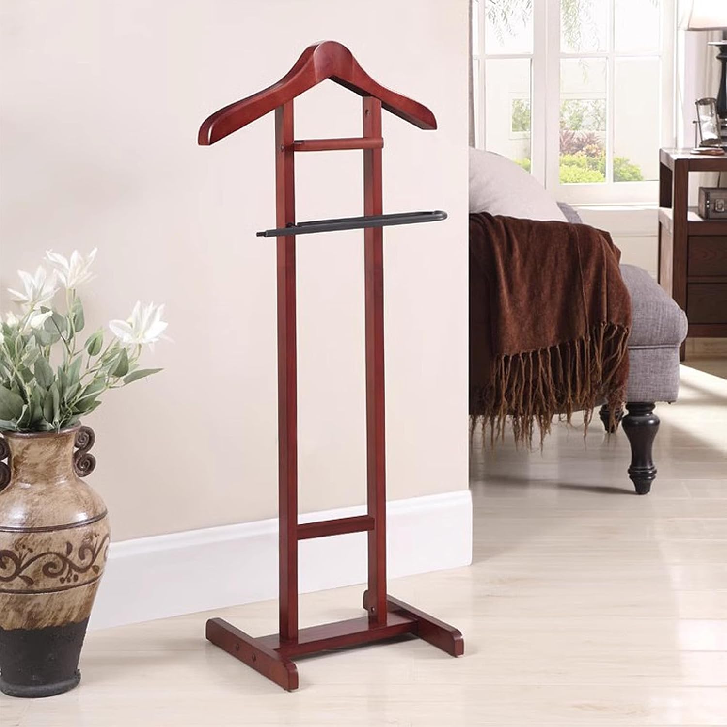 Elegant Men's Valet Stand, Wooden Clothes Hanger with Pants Rack, Tie Holder & Stable Base, Perfect for Suit Organization in Home or Office
