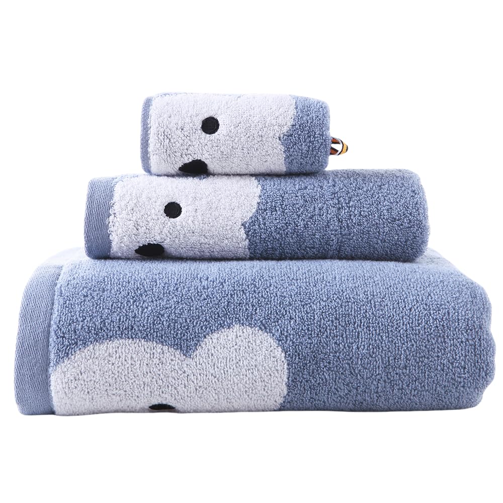 KINGSHORE 3 Piece Premium Bath Towel Set for Kids(Naughty Bear), 1 Bath Towel 1 Hand Towel 1 Washcloth, Quick-Drying, 100% Cotton，Oeko-TEX Certified (