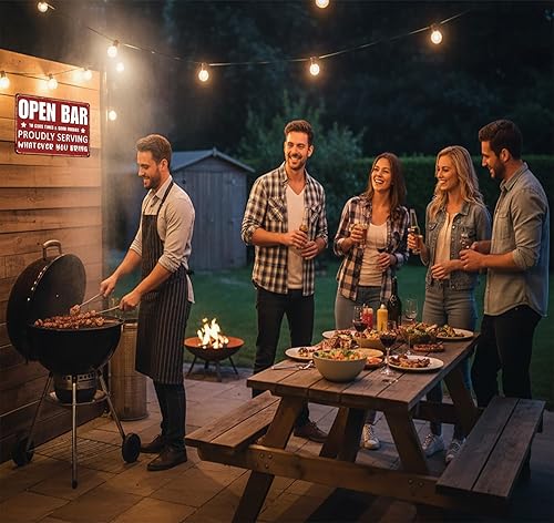 Miniatura 6 de Divertido letrero de barra abierta con texto en inglés "Orgullosamente sirviendo lo que traigas" para el hogar, bar, hombre, cueva, garaje,