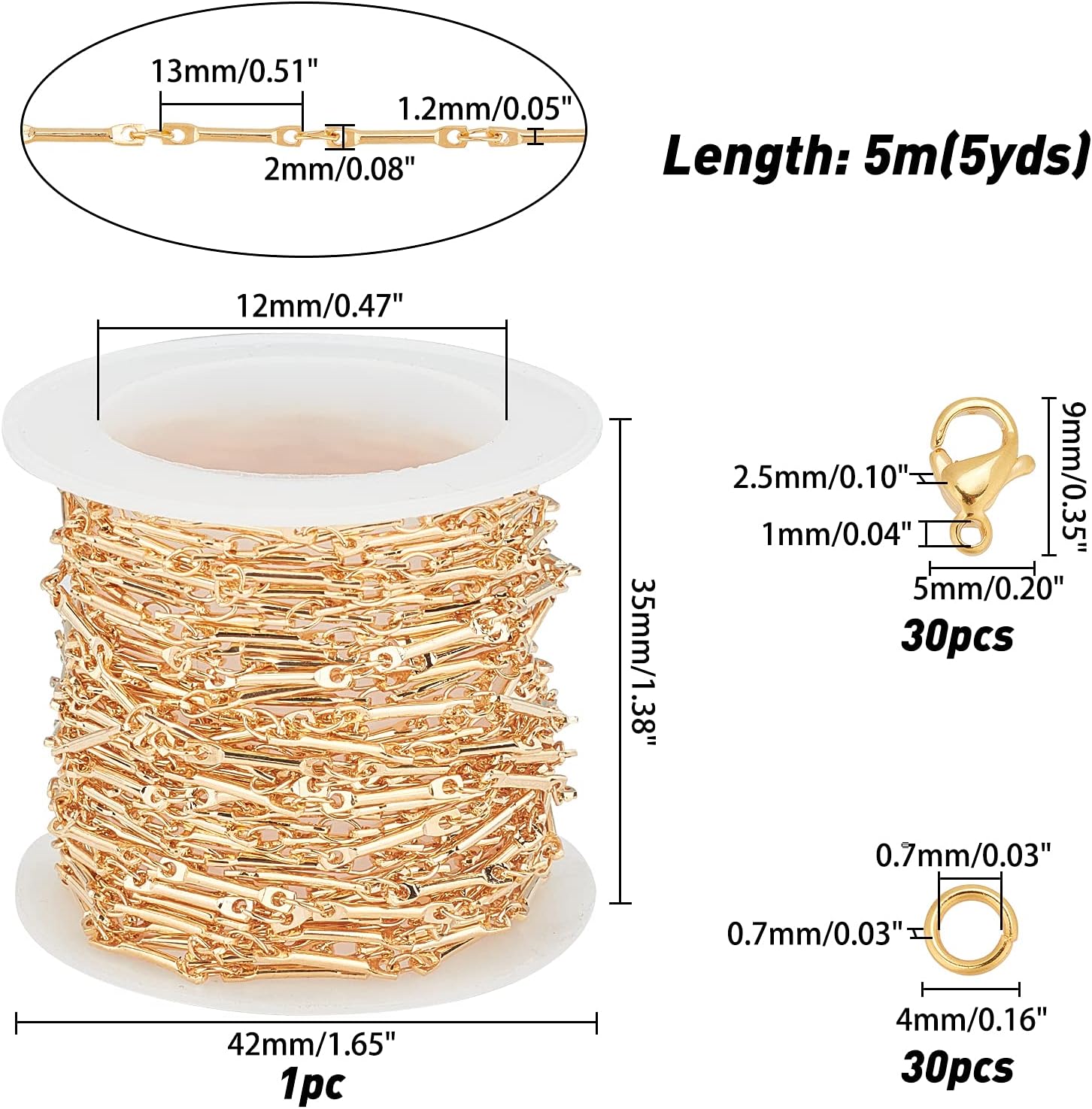 CHGCRAFT 1 roll 16.4 feet Brass Bar Link Real 18K Gold Plated Cable Chains Brass Figaro Chain Making Link Chain with Unsoldered Jump Rings & Lobster Claw Clasps for Jewelry Making