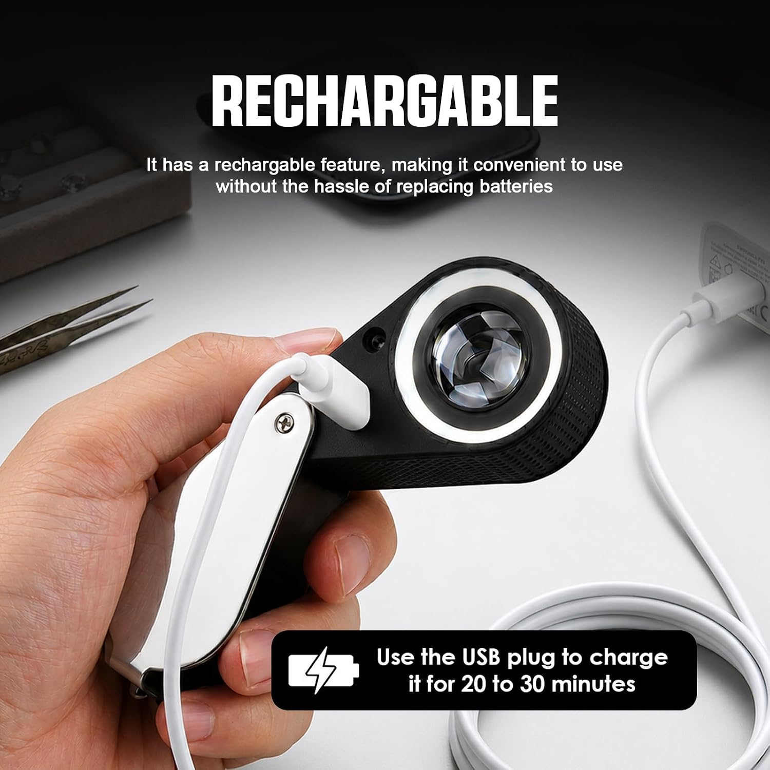 40X Jewelers Loupe Magnifier with UV & LED Lights, 22mm Triplet Lens, Rechargeable Foldable Jewelry Magnifier for Gems, Coins, Diamonds Inspection, Portable Loupe Tool