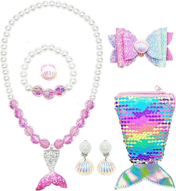 Felly Little Girl Jewelry Set, Jewellery for Girls Kids Dress Up, 7 Pcs Jewellery Toys Play, Necklaces, Bracelet, Rings, Earrings, Hair Clips and Mermaid Handbag, Kids Princess Accessories Gift