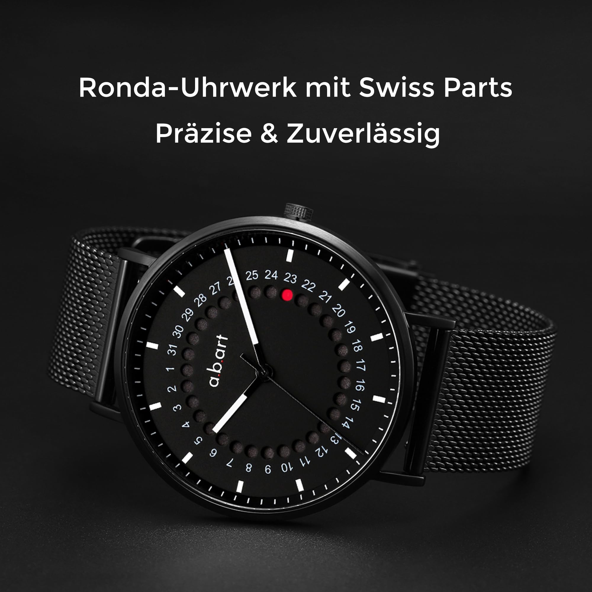 a.b.art Herren Uhr mit Punkt-Sprungdatumsanzeige – Schweizer Ronda-Quarzwerk, minimalistisches Bauhaus-Stil, Saphirglas, schwarzes Milanaise-Armband, 41 mm