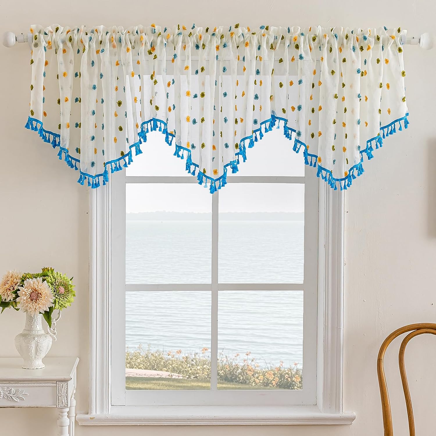 3 Pieces Boho Sheer Valances for Windows, Cute Pom Pom Rod Pocket Light Filtering Short Valance Curtains with Tassels for Nursery Kids Bedroom Bathroom Cafe (Brown,55"x24")