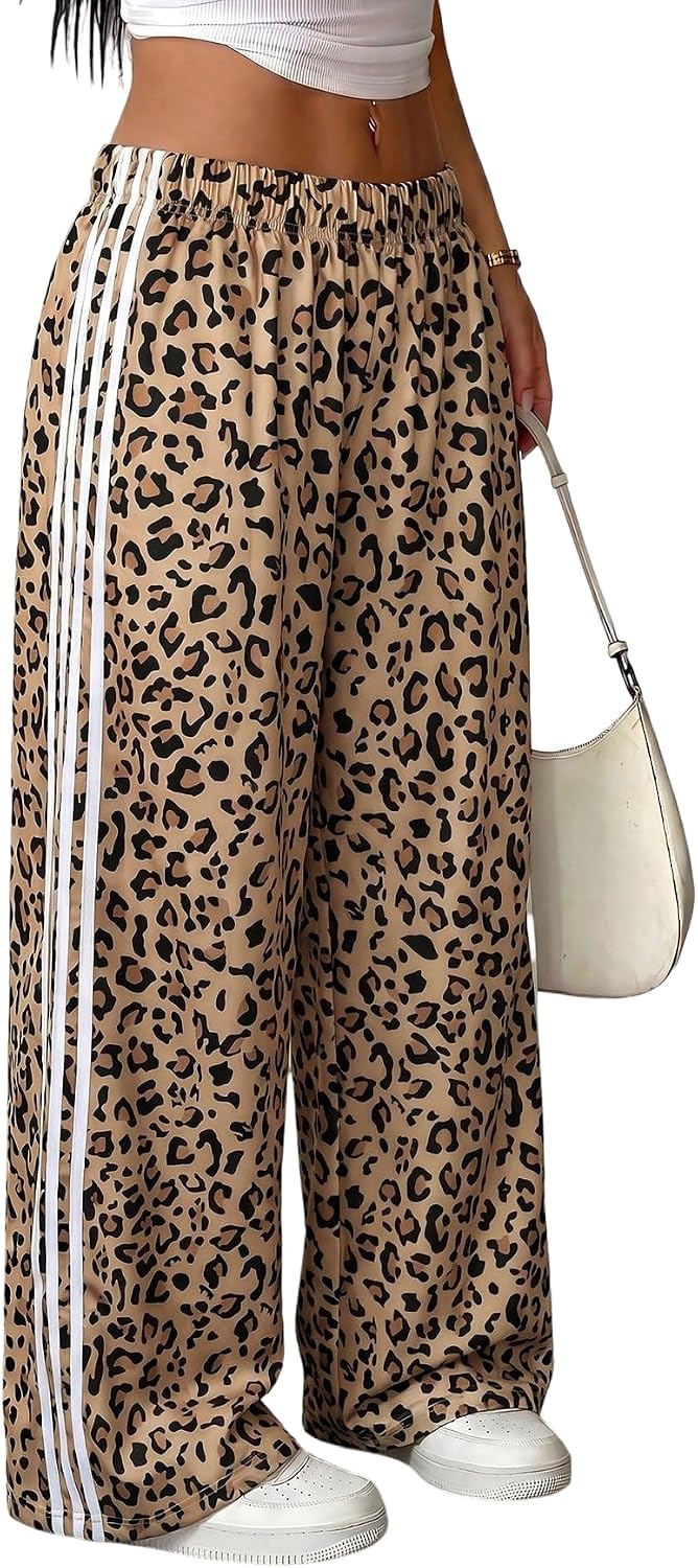 Floerns Women's Leopard Wide Straight Leg Pants Elastic Waist Side Striped Baggy Trousers Y2k Streetwear Track Pant
