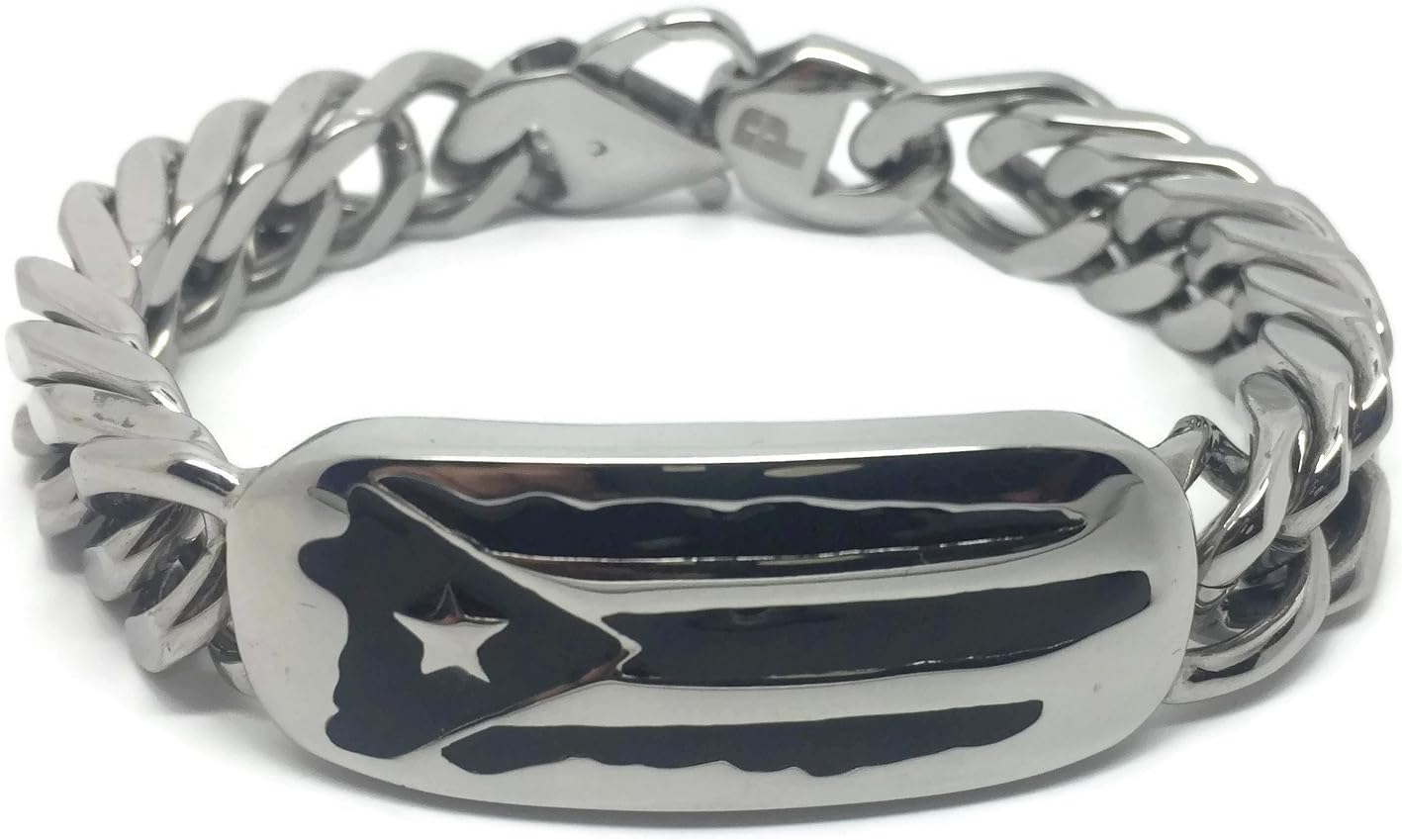Papiichulo Stainless Steel Puerto Rican Flag Island Link Bracelet for Men (8.5" Long)