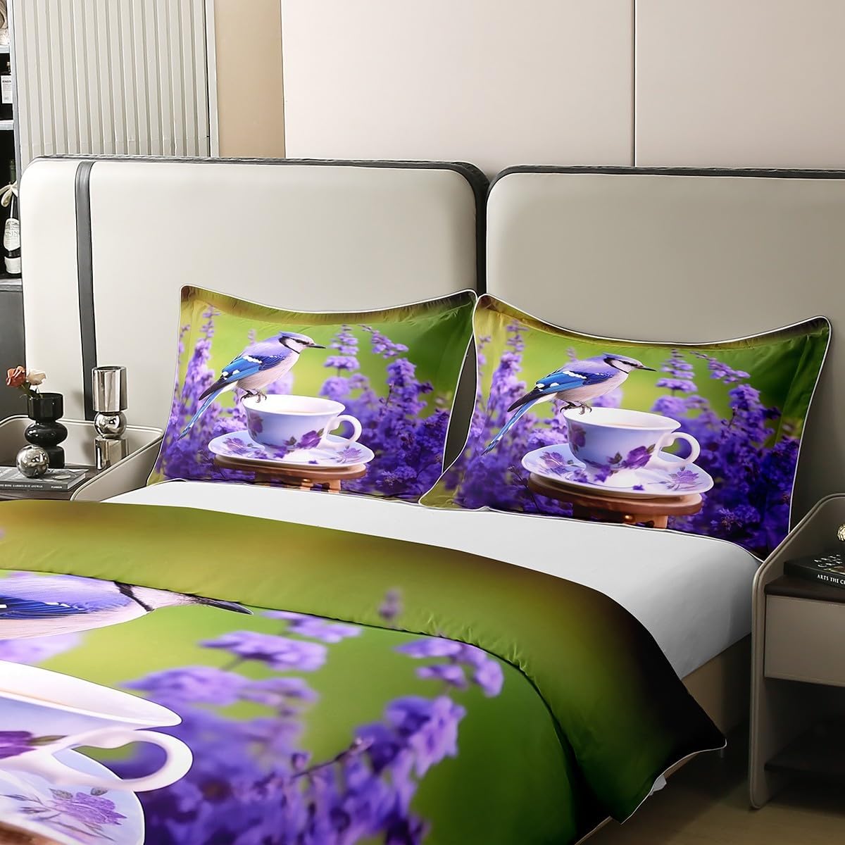 Erosebridal Cute Bird Comforter Cover Queen, Cup Tea Garden 100% Organic Cotton Duvet Cover, Purple Petals Flowers Bedspread Cover, Lavender Fresh Natural Quilt Cover for Woman Adult