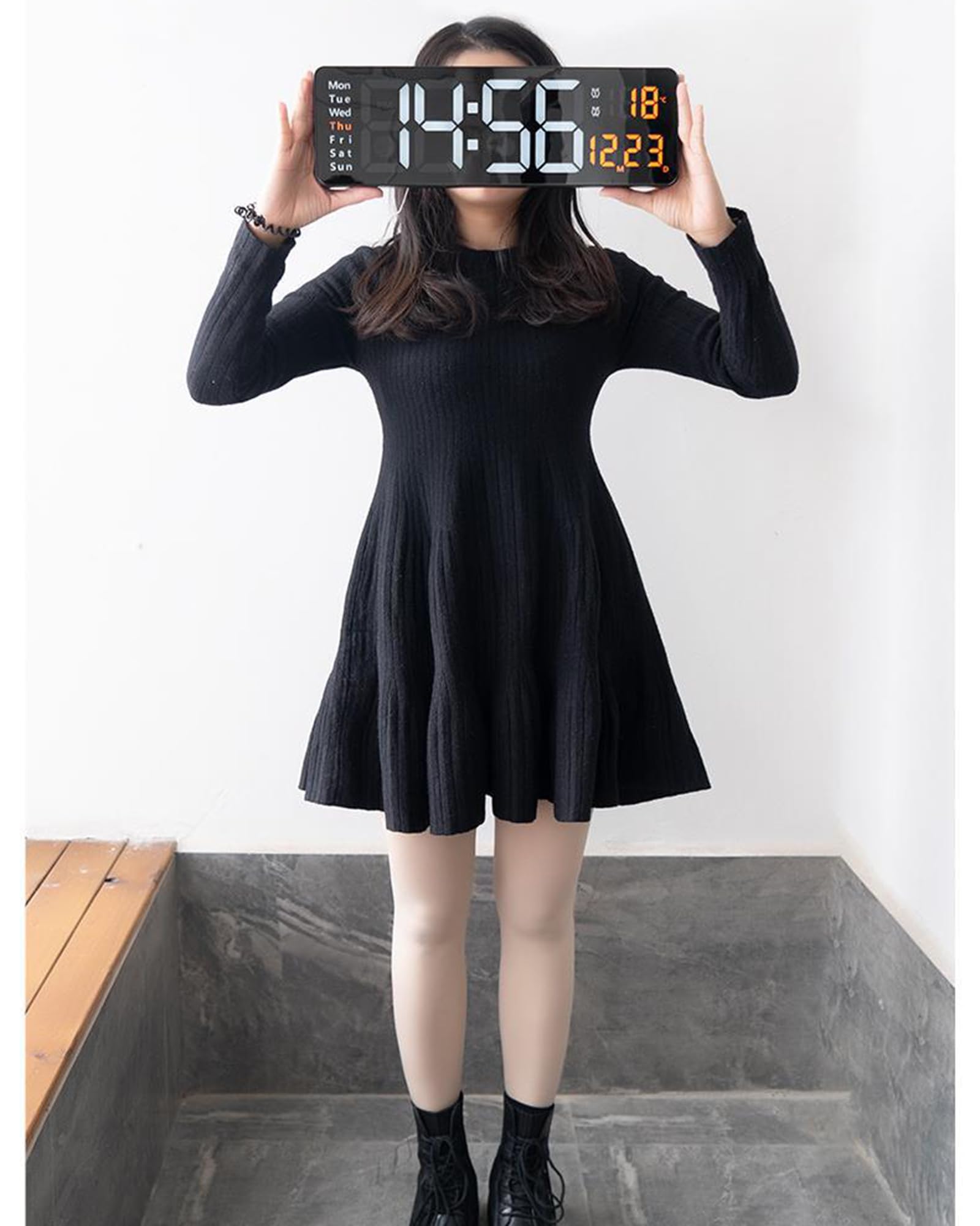 Reloj de Pared Digital LED, Reloj de Mesa de 12/24 h con Brillo Ajustable, Reloj de Alarma electrónico con Pantalla Multi Funcional para Sala de Estar, Dormitorio,F